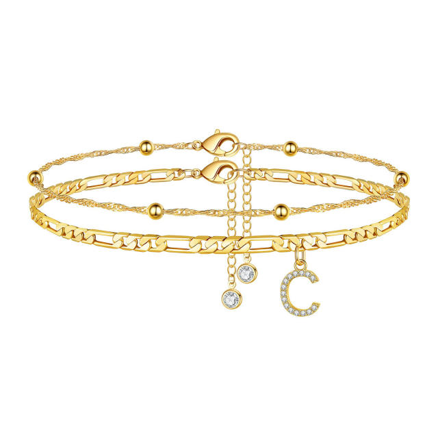 Hot sale diamond initial letter cham two layer figaro chain anklet