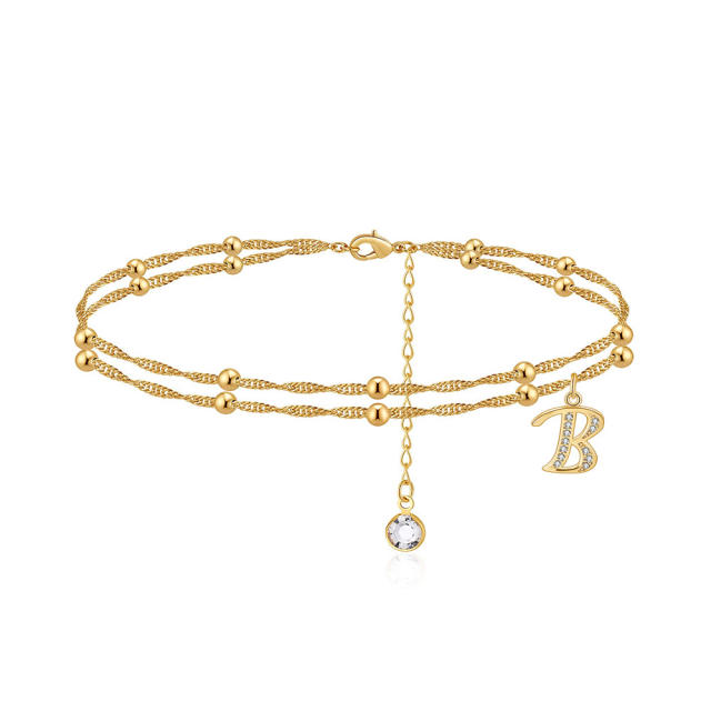 Delicate diamond initial letter charm two layer dainty women anklet