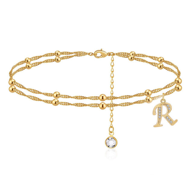 Delicate diamond initial letter charm two layer dainty women anklet