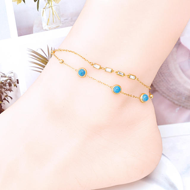Korean fashion two layer heart life tree pearl bead stainless steel anklet