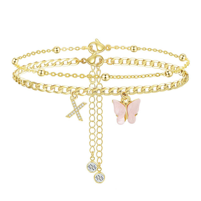 Delicate two layer pink butterfly diamond initial letter charm coppe anklet for women