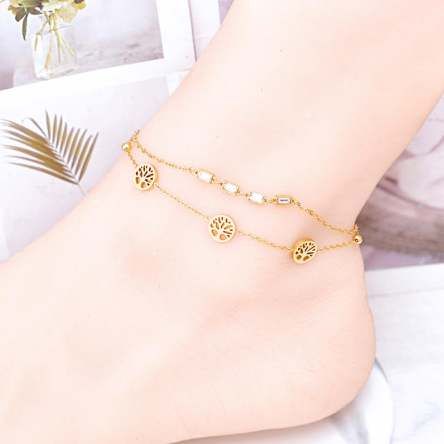 Korean fashion two layer heart life tree pearl bead stainless steel anklet