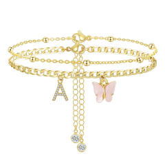 Delicate two layer pink butterfly diamond initial letter charm coppe anklet for women