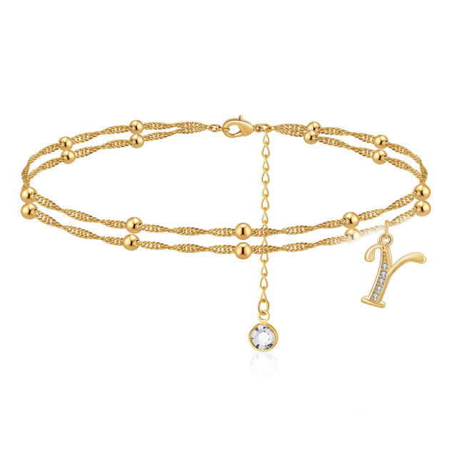 Delicate diamond initial letter charm two layer dainty women anklet