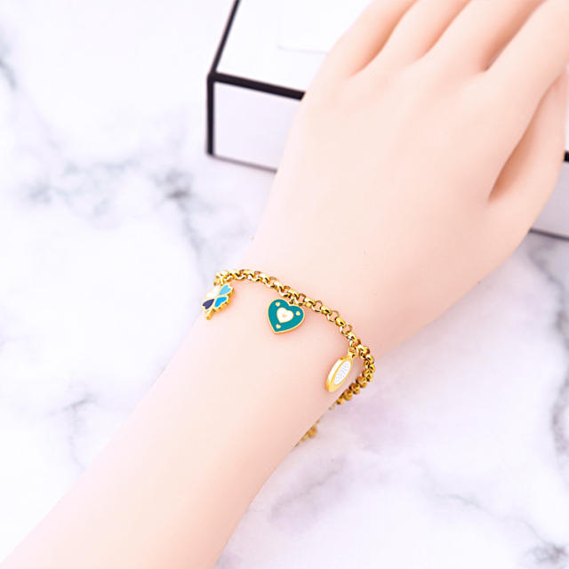 Boho color enamel flower evil eye charm stainless steel bracelet