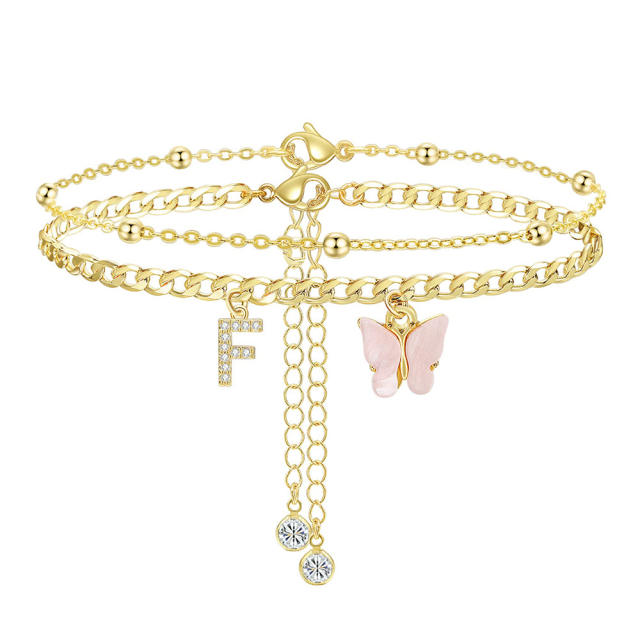 Delicate two layer pink butterfly diamond initial letter charm coppe anklet for women