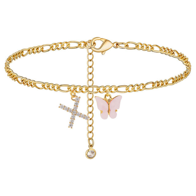 Boho delicate pink butterfly diamond initial letter charm figaro chain stainless steel anklet