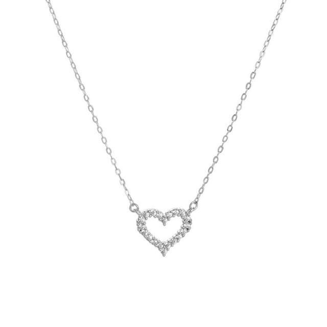 Dainty Silver color diamond heart hollow out stainless steel women necklace