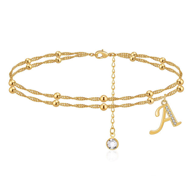 Delicate diamond initial letter charm two layer dainty women anklet
