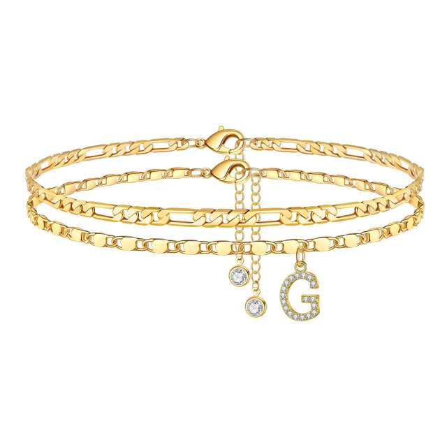 Delicate two layer stainless steel figaro chain diamond initial letter charm women anklet