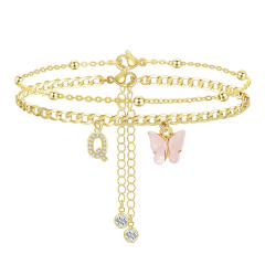 Delicate two layer pink butterfly diamond initial letter charm coppe anklet for women