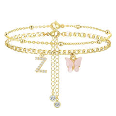 Delicate two layer pink butterfly diamond initial letter charm coppe anklet for women