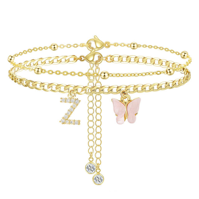 Delicate two layer pink butterfly diamond initial letter charm coppe anklet for women