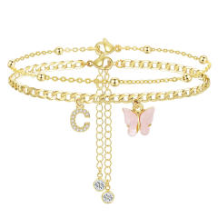 Delicate two layer pink butterfly diamond initial letter charm coppe anklet for women