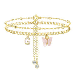 Delicate two layer pink butterfly diamond initial letter charm coppe anklet for women