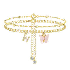 Delicate two layer pink butterfly diamond initial letter charm coppe anklet for women