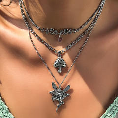 Gothic silver mushroom angel pendant metal chain layer necklace set