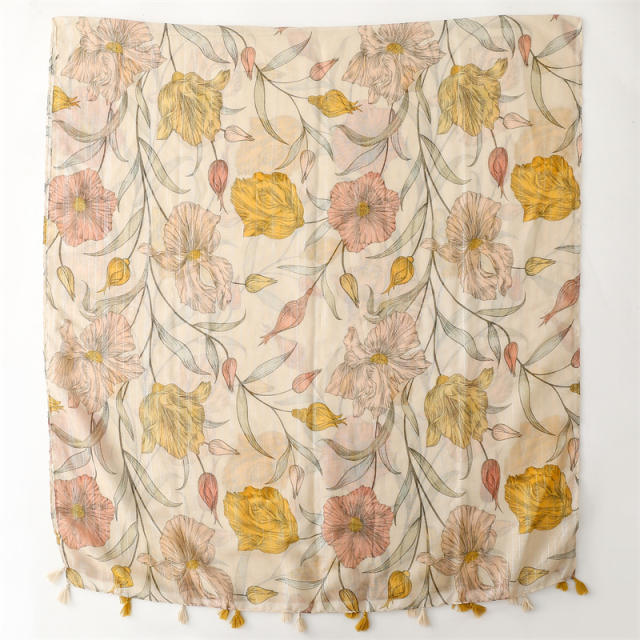 Yellow color floral pattern thin scarf