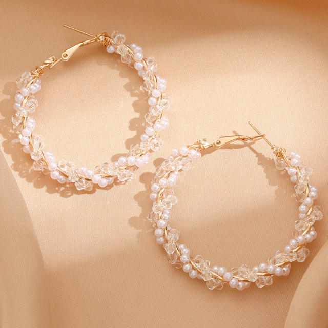 Elegant twisted imitation pearl bead hoop earrings for women