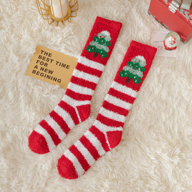 INS cartoon Coral velvet knee high christmas socks