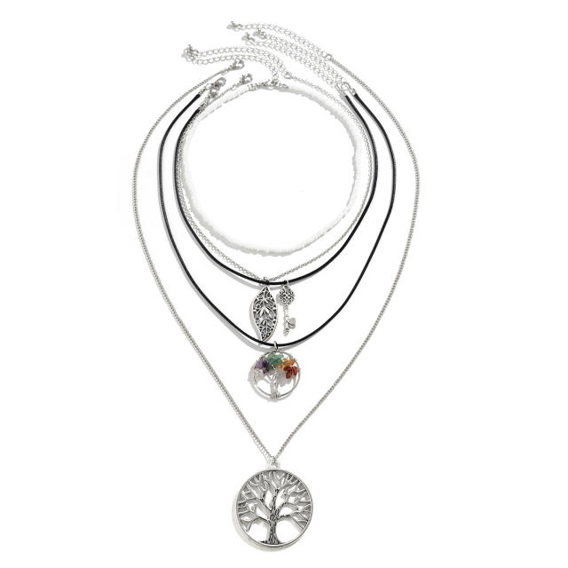 Vintage boho hollow out life tree pendant layer necklace set