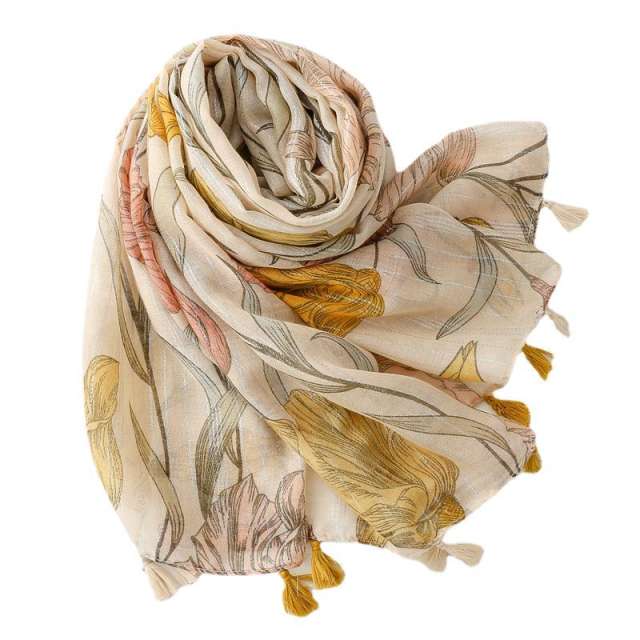 Yellow color floral pattern thin scarf