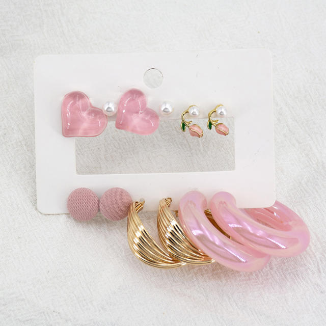 6 pair sweet pink color acrylic heart studs earrings set