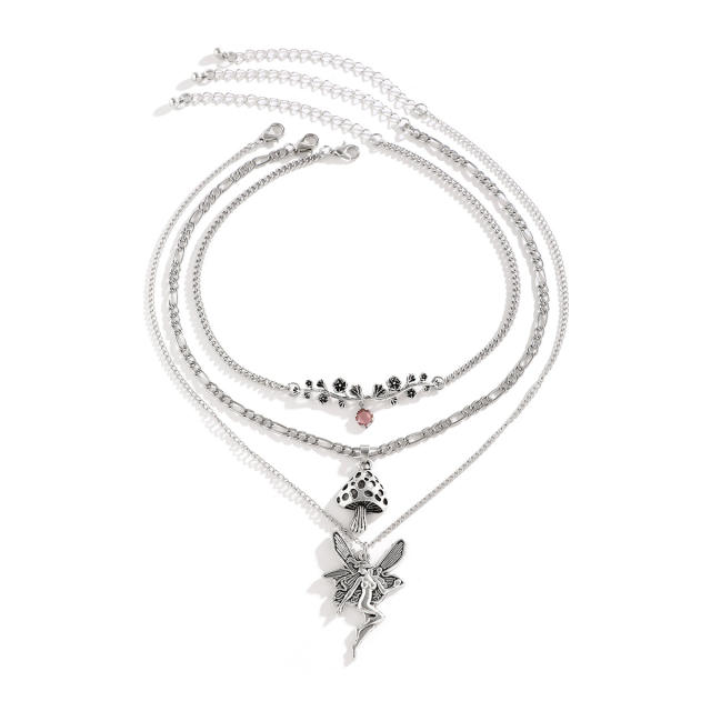 Gothic silver mushroom angel pendant metal chain layer necklace set