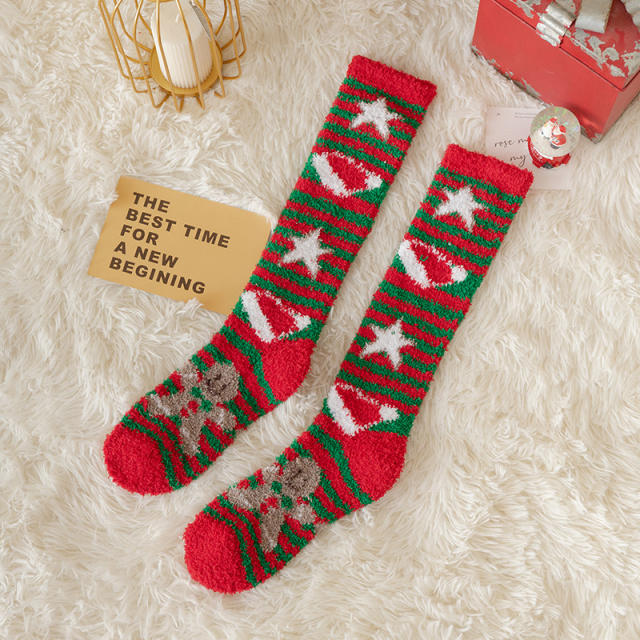 INS cartoon Coral velvet knee high christmas socks