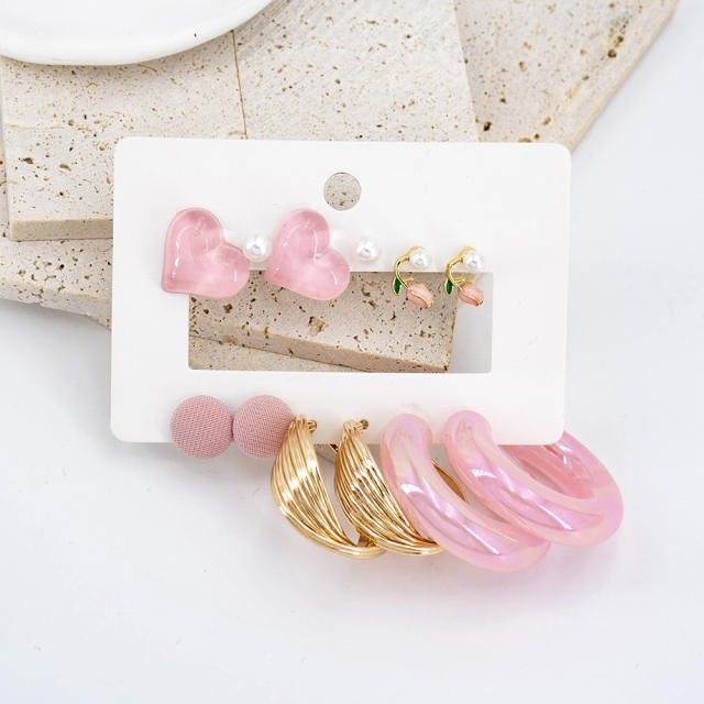 6 pair sweet pink color acrylic heart studs earrings set