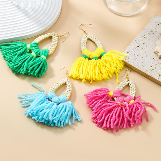 Boho colorful cotton rope tassel straw earrings