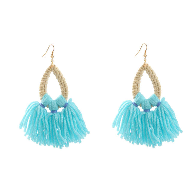 Boho colorful cotton rope tassel straw earrings