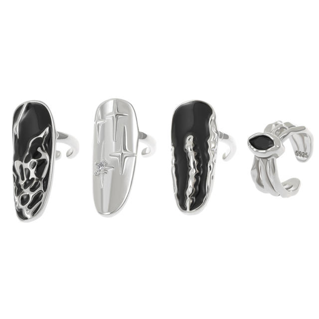 4PCS punk trend black color Y2K nail rings set