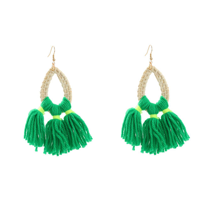 Boho colorful cotton rope tassel straw earrings