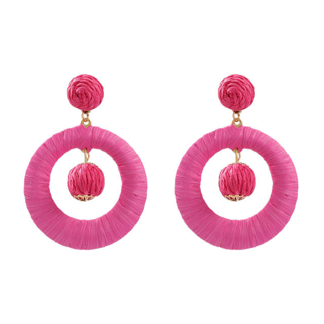 Candy color straw circle ball bead dangle earrings boho earrings