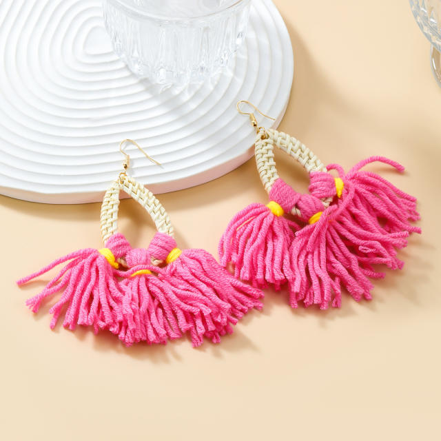 Boho colorful cotton rope tassel straw earrings