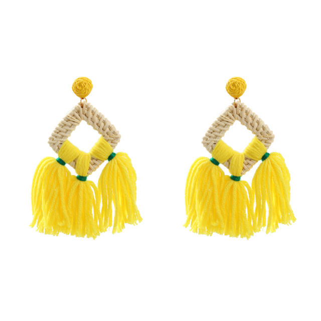 Boho colorful string rope tassel straw dangle earrings