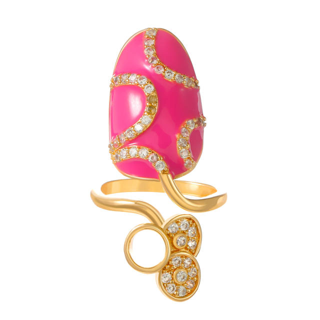 Delicate pave setting diamond pink color enamel personliaty nail rings