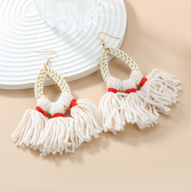 Boho colorful cotton rope tassel straw earrings