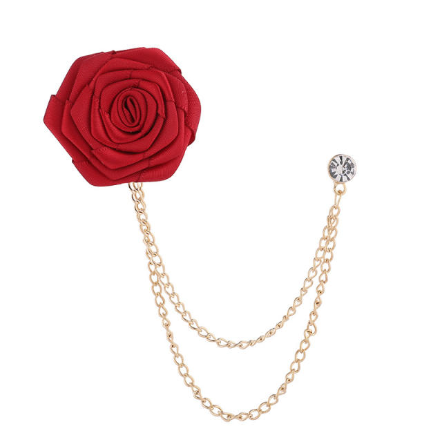 Fabric rose flower chain tassel women men vintage brooch