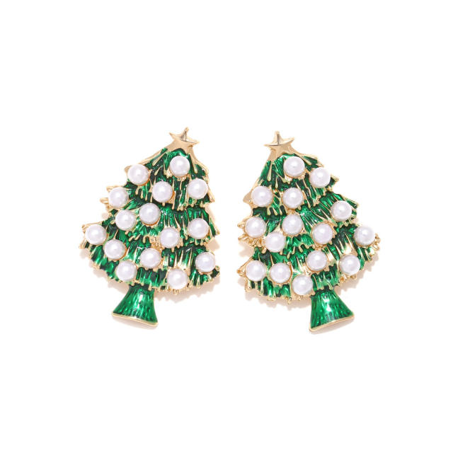 Cute pearl bead green color enamel christmas tree studs earrings