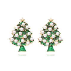 Cute pearl bead green color enamel christmas tree studs earrings