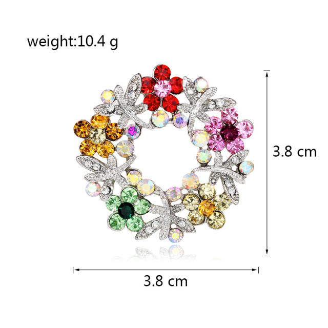 Delicate colorful rhinestone circle metal brooch