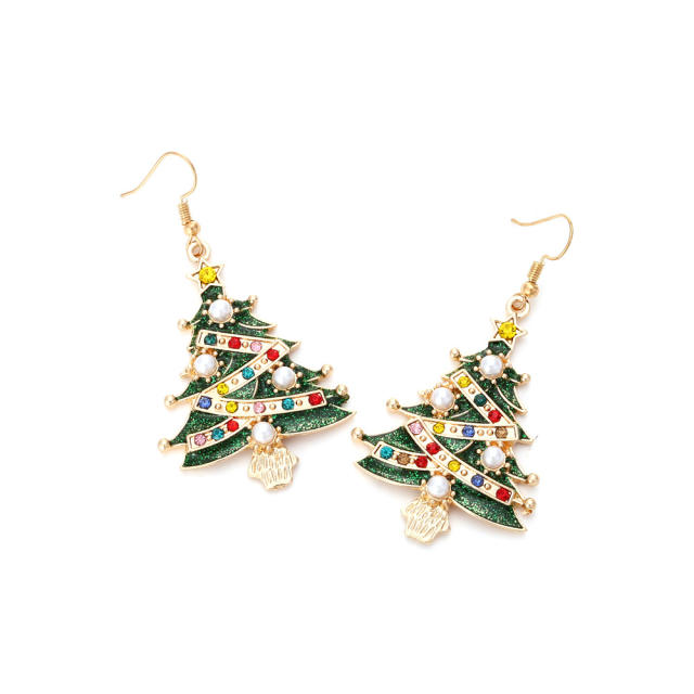 Cute imitation pearl bead green color christmas tree ear hook earrings