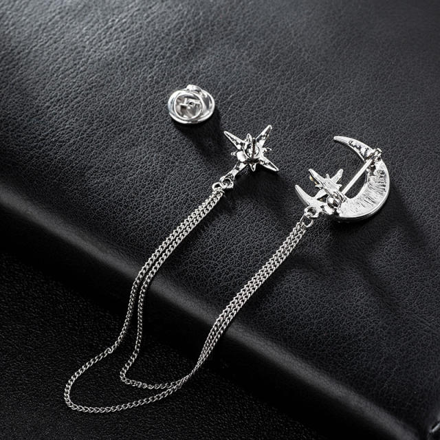 Delicate popular diamond star moon chain tassel pin brooch for men women