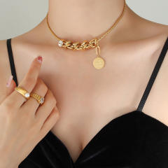 Vintage unique box chain baroque pearl coin pendant stainless steel necklace