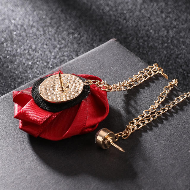 Fabric rose flower chain tassel women men vintage brooch