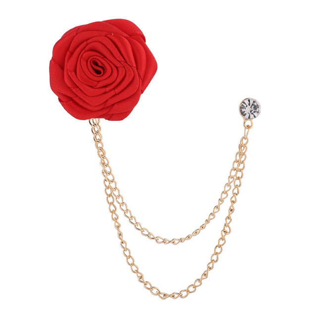 Fabric rose flower chain tassel women men vintage brooch