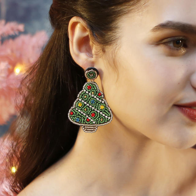 Handmade bead christmas tree design dangle earrings for women