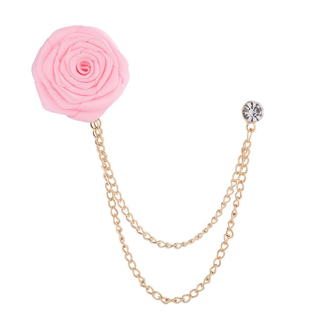 Fabric rose flower chain tassel women men vintage brooch